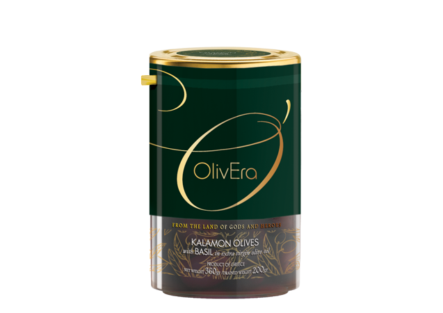 OlivEra “Kalamon” olives with basil in extra virgin olive oil